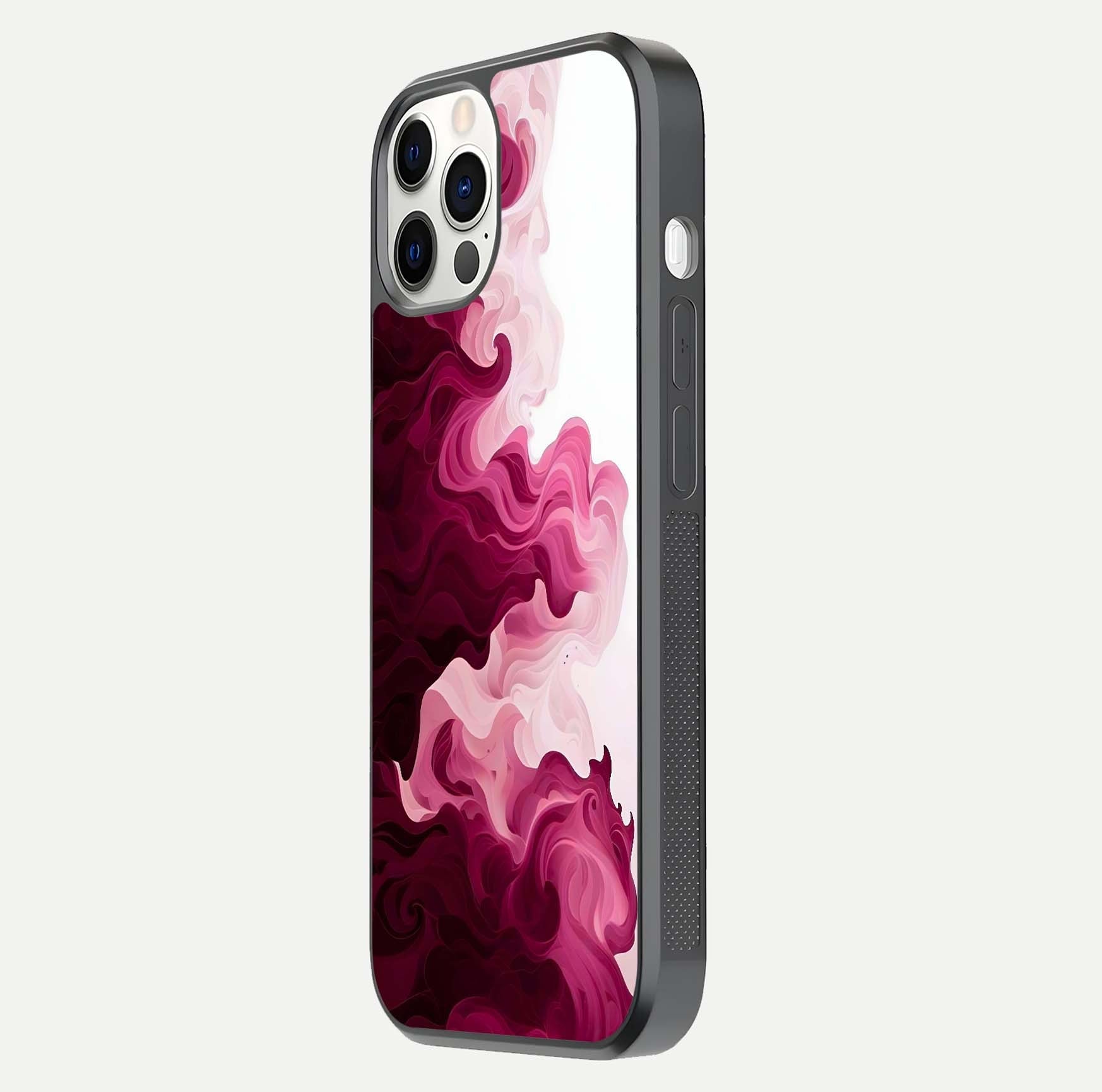 Crimson Wave Flow Glass Case for iPhone 12 Pro side-angle photo showing reflection glow and HD finish