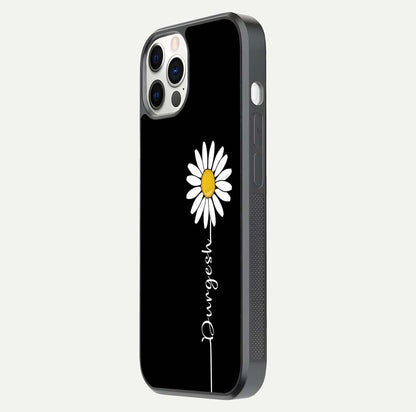 Custom Name White Flower Glass Case for iPhone 12 Pro side-angle photo showing reflection shine and name clarity