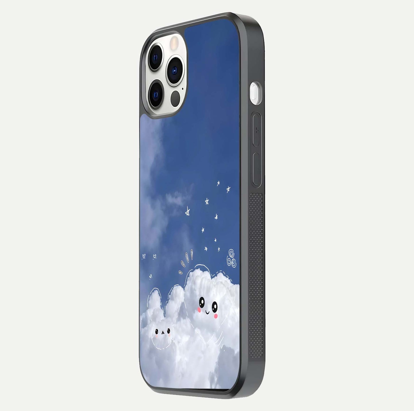 Cute Blossom Cloud Glass Case for iPhone 12 Pro side-angle image capturing gloss texture and curve reflection