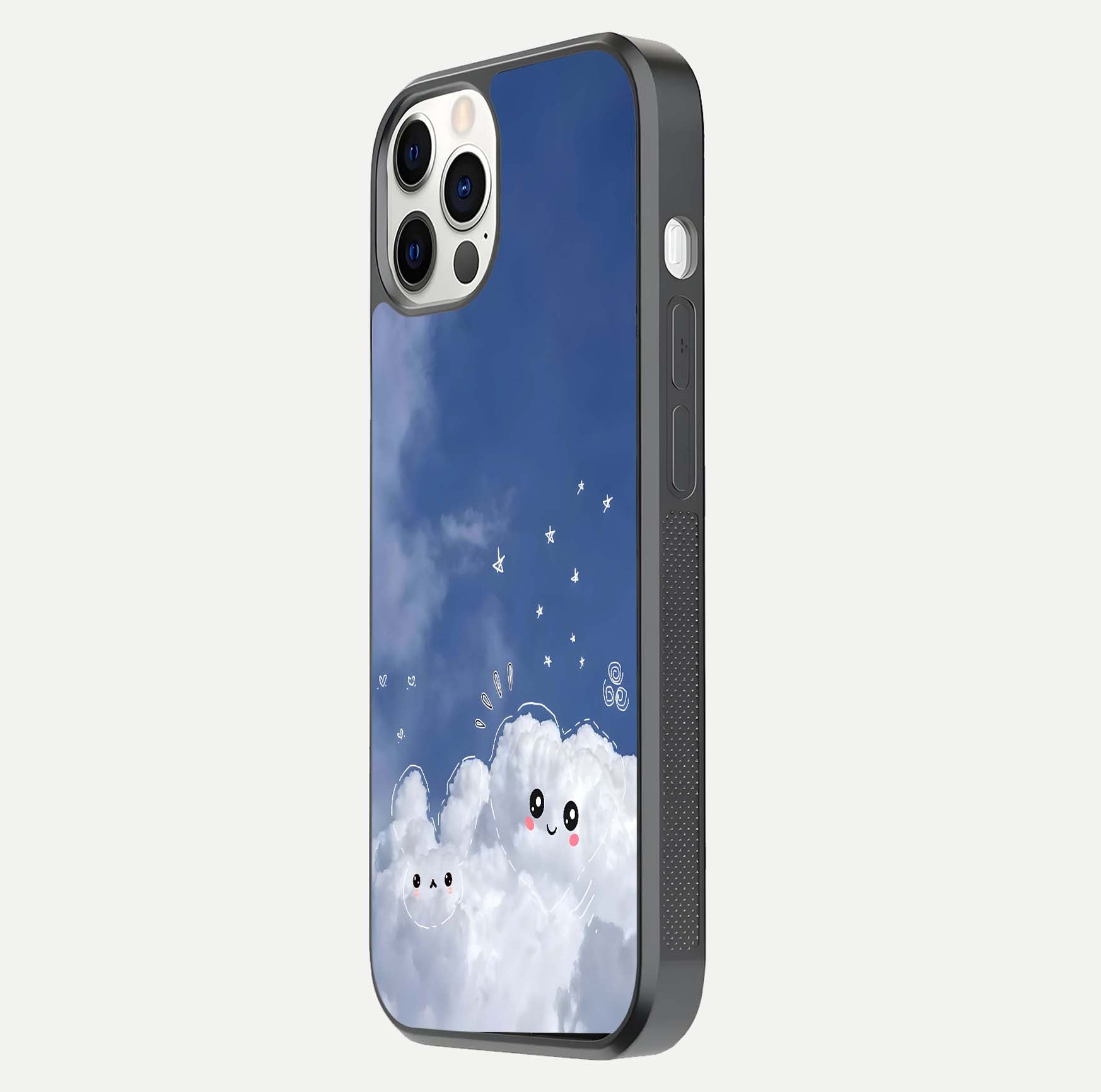 Cute Blossom Cloud Glass Case for iPhone 12 Pro side-angle image capturing gloss texture and curve reflection