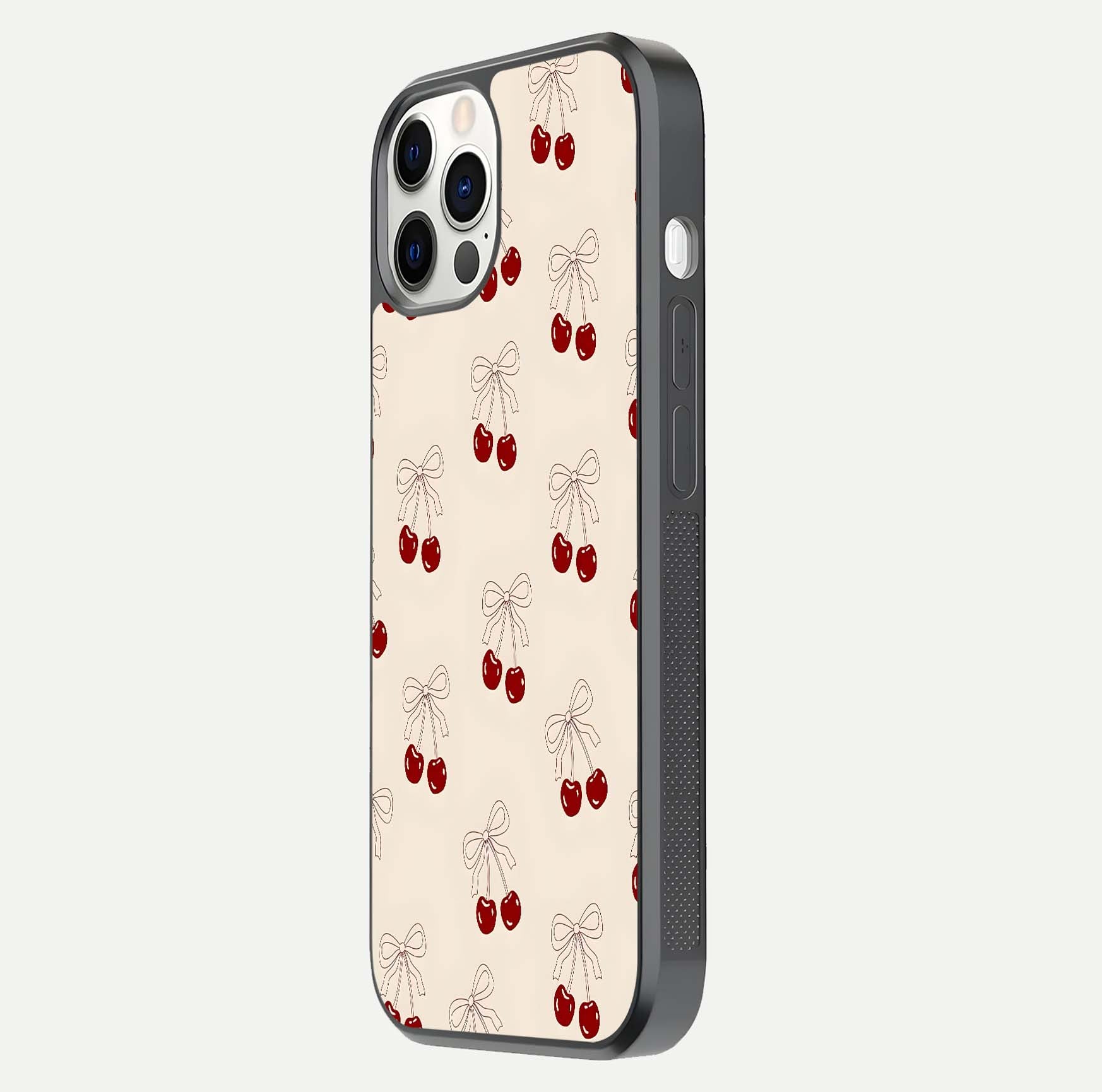 Cute Cherry Pattern Glass Case for iPhone 12 Pro side-angle photo highlighting gloss curve and pattern clarity