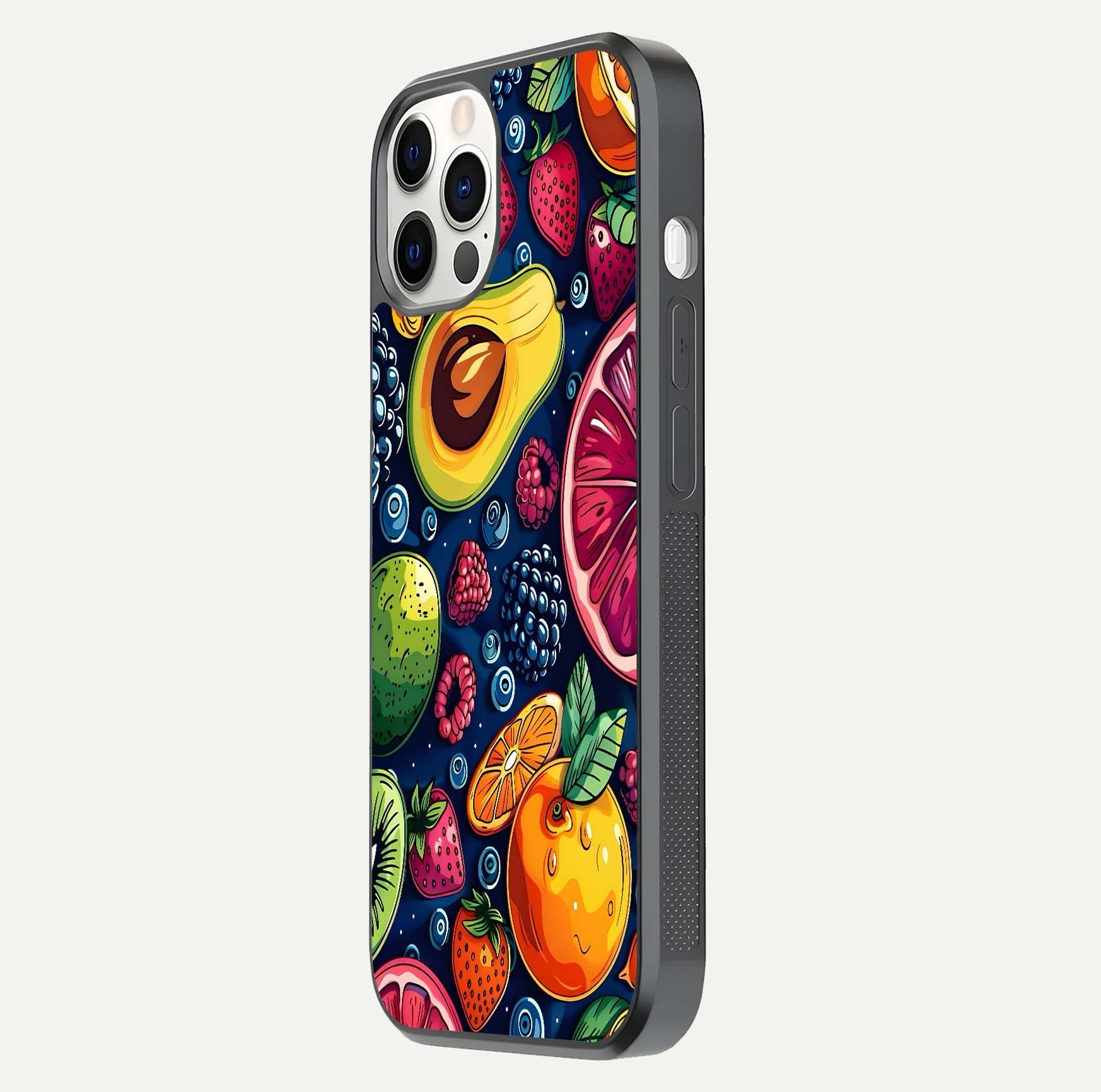 Cute Fruits Art Glass Case for iPhone 12 Pro side-angle photo showing reflective finish and smooth edges
