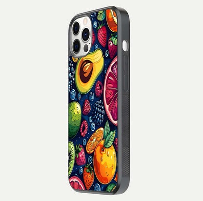 Cute Fruits Art Glass Case for iPhone 12 Pro side-angle photo showing reflective finish and smooth edges