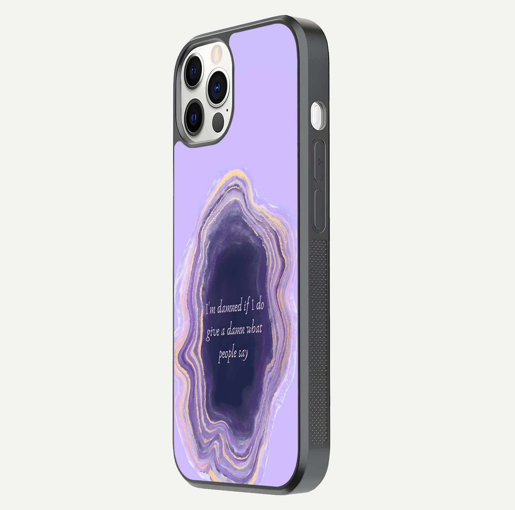 Damned People Quote Glass Case for iPhone 12 Pro side-angle image showing light shine and smooth edges