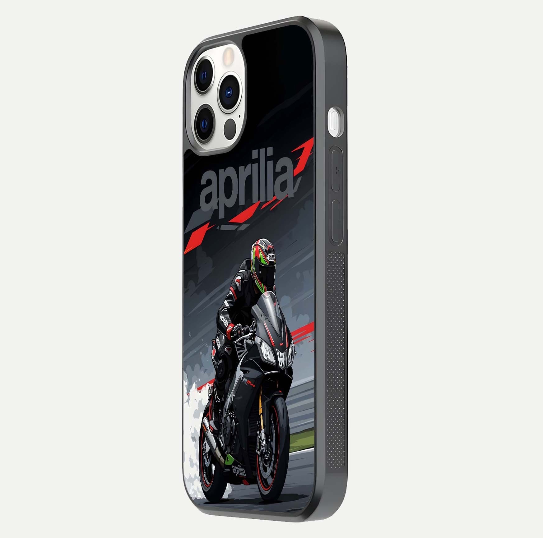 Dark Aprilla Glass Case for iPhone 12 Pro side-angle photo showing reflection gloss and curved edge finish