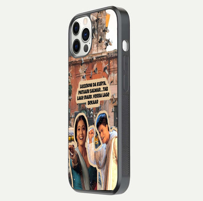Desi Retro Vibes Glass Case for iPhone 12 Pro side-angle image displaying gloss texture and bold pattern
