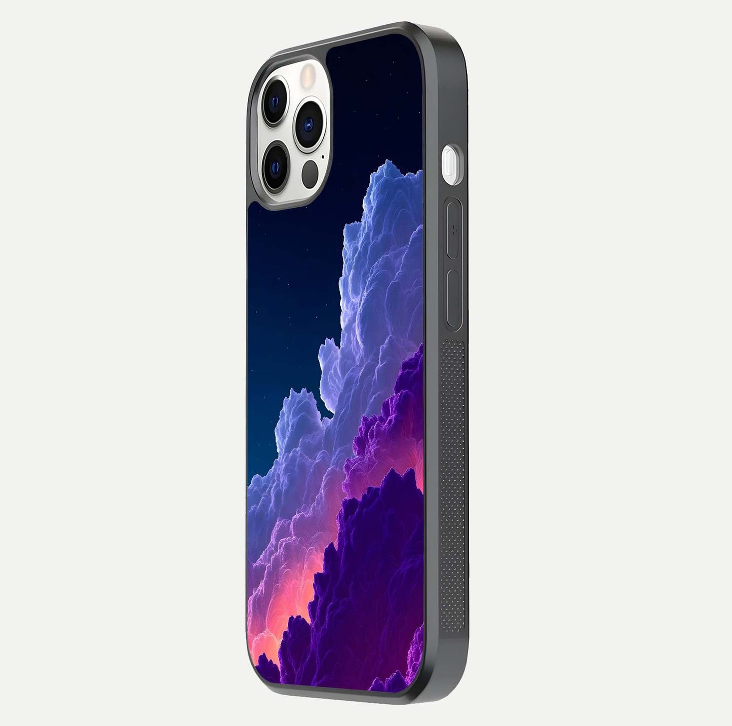 Dreamy Cloud Skies Glass Case for iPhone 12 Pro side-angle image showing reflection clarity and polish