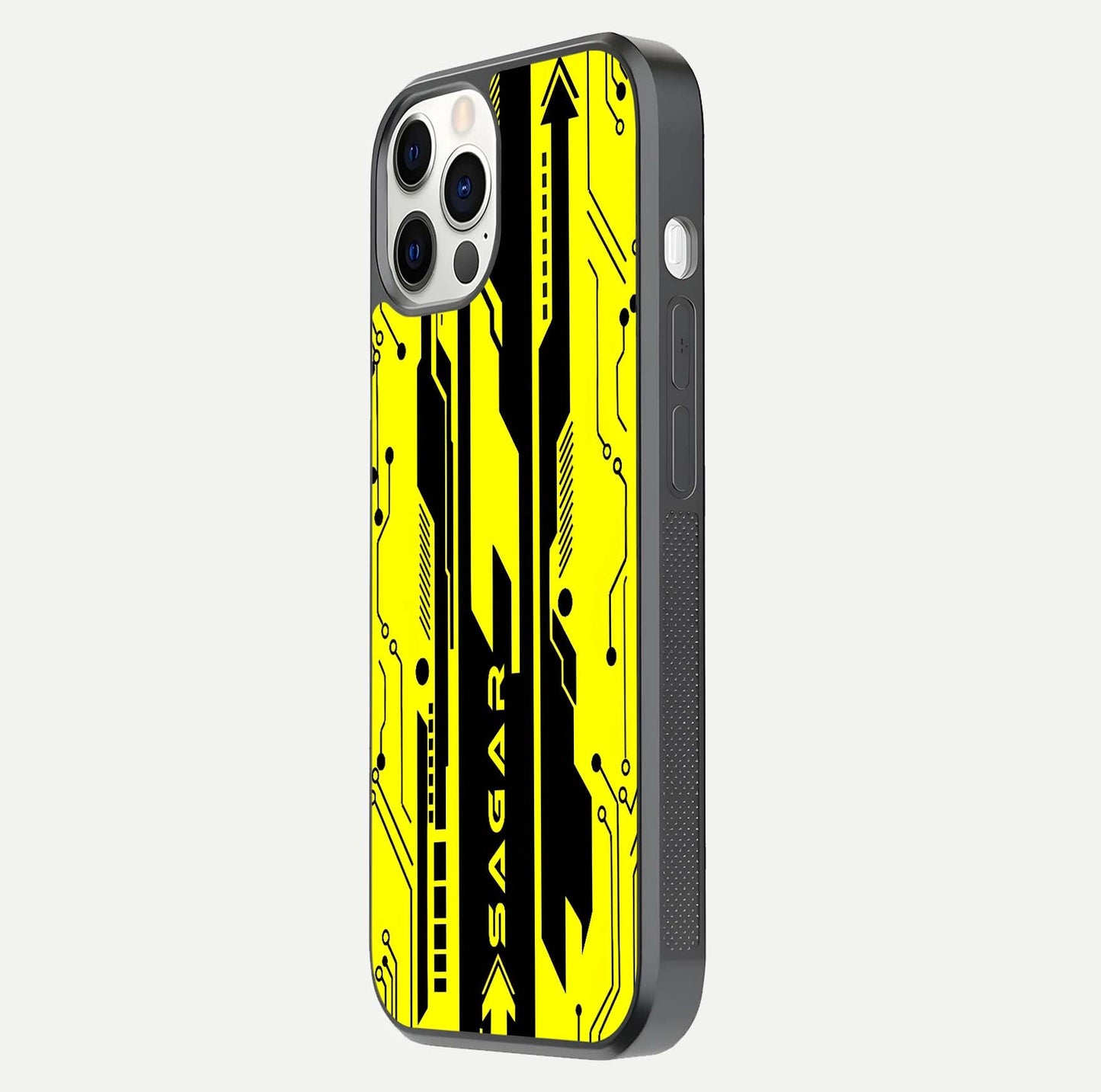 Electric Pulse CYBERPUNK Custom Name Glass Case for iPhone 12 Pro side-angle image showing glossy reflection and edge illumination
