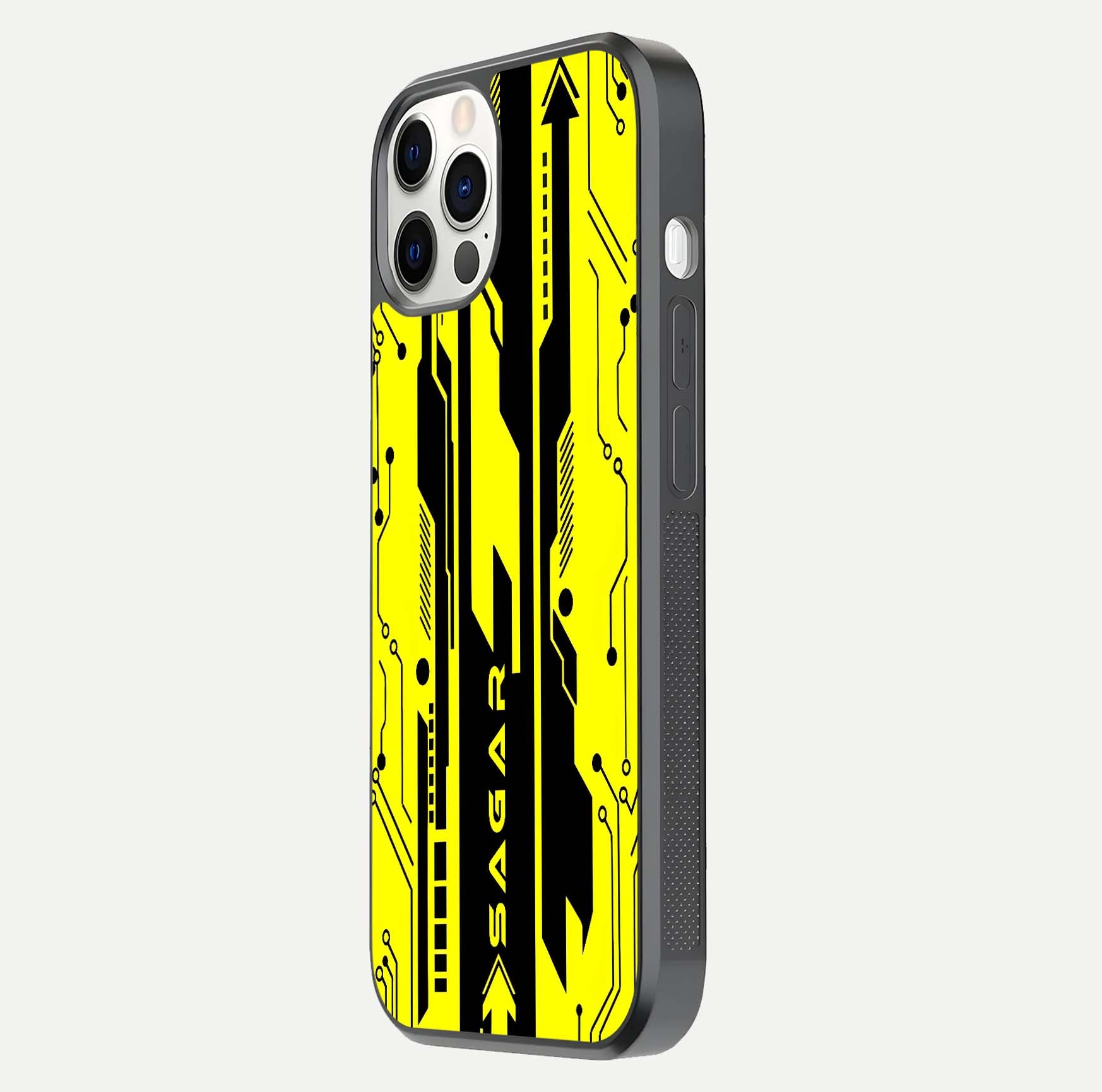 Electric Pulse CYBERPUNK Custom Name Glass Case for iPhone 12 Pro side-angle image showing glossy reflection and edge illumination