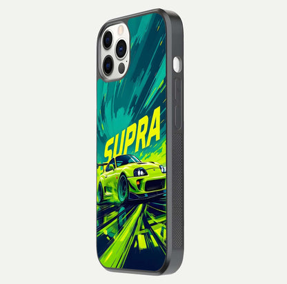 Electric Supra Thunder Glass Case for iPhone 12 Pro side-angle photo showing sleek car outline and reflective shine
