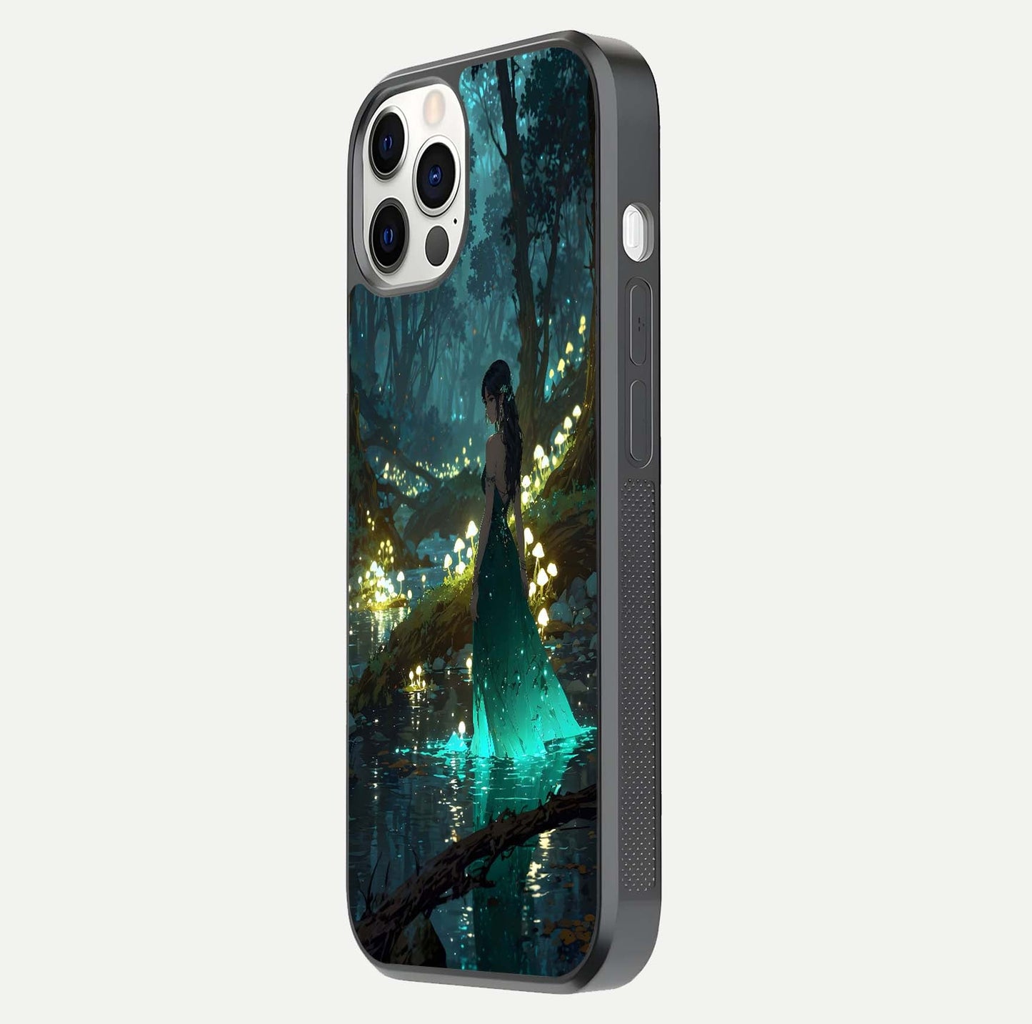 Enchanted Forest Glow Glass Case for iPhone 12 Pro side-angle image capturing shine reflection and rich detail