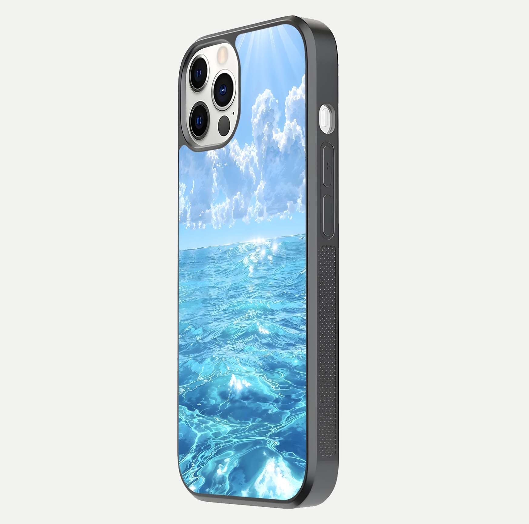 Endless Ocean Horizon Glass Case for iPhone 12 Pro side-angle photo showing reflection glow and wave tone
