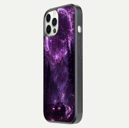 Eternal Cosmic Drive Glass Case for iPhone 12 Pro side-angle image showing reflection texture and color contrast