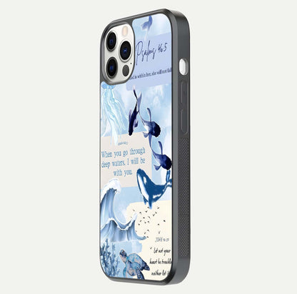 Faithful Ocean Promise Glass Case for iPhone 12 Pro side-angle photo showing reflection glow and color clarity