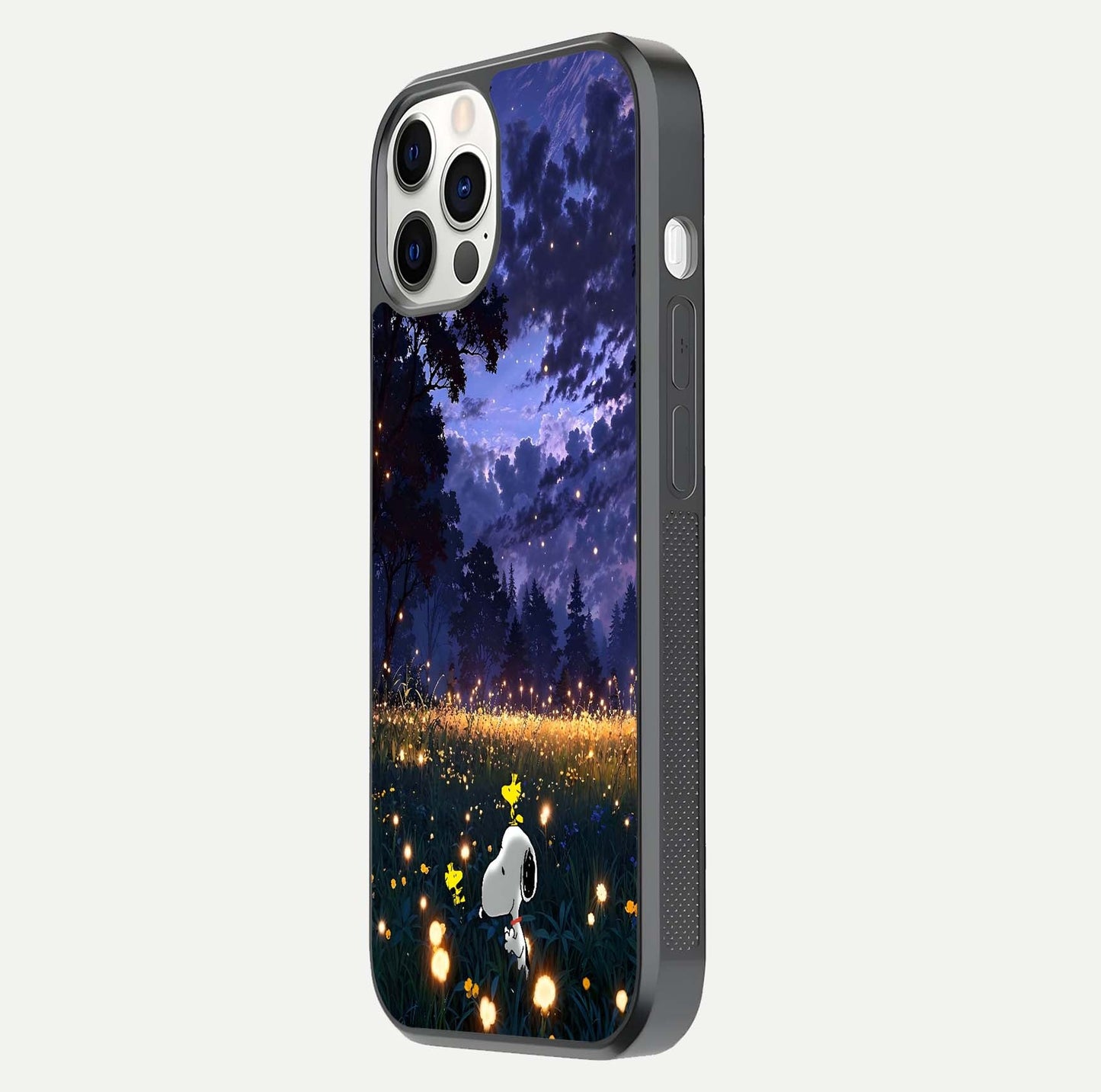 Firefly Meadow Magic Glass Case for iPhone 12 Pro side-angle image capturing glow reflection and fine texture