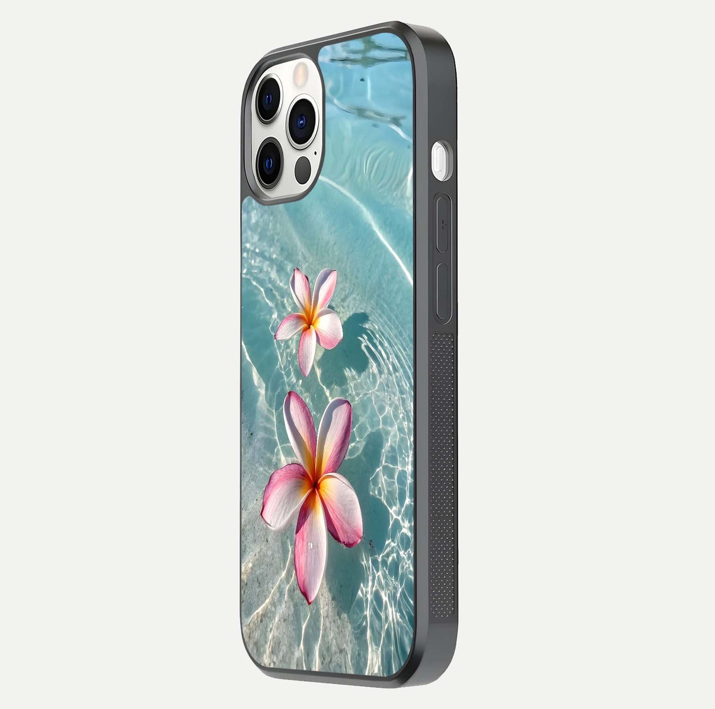 Floating Bloom Bliss Glass Case for iPhone 12 Pro side-angle photo showing smooth reflection and elegant curve