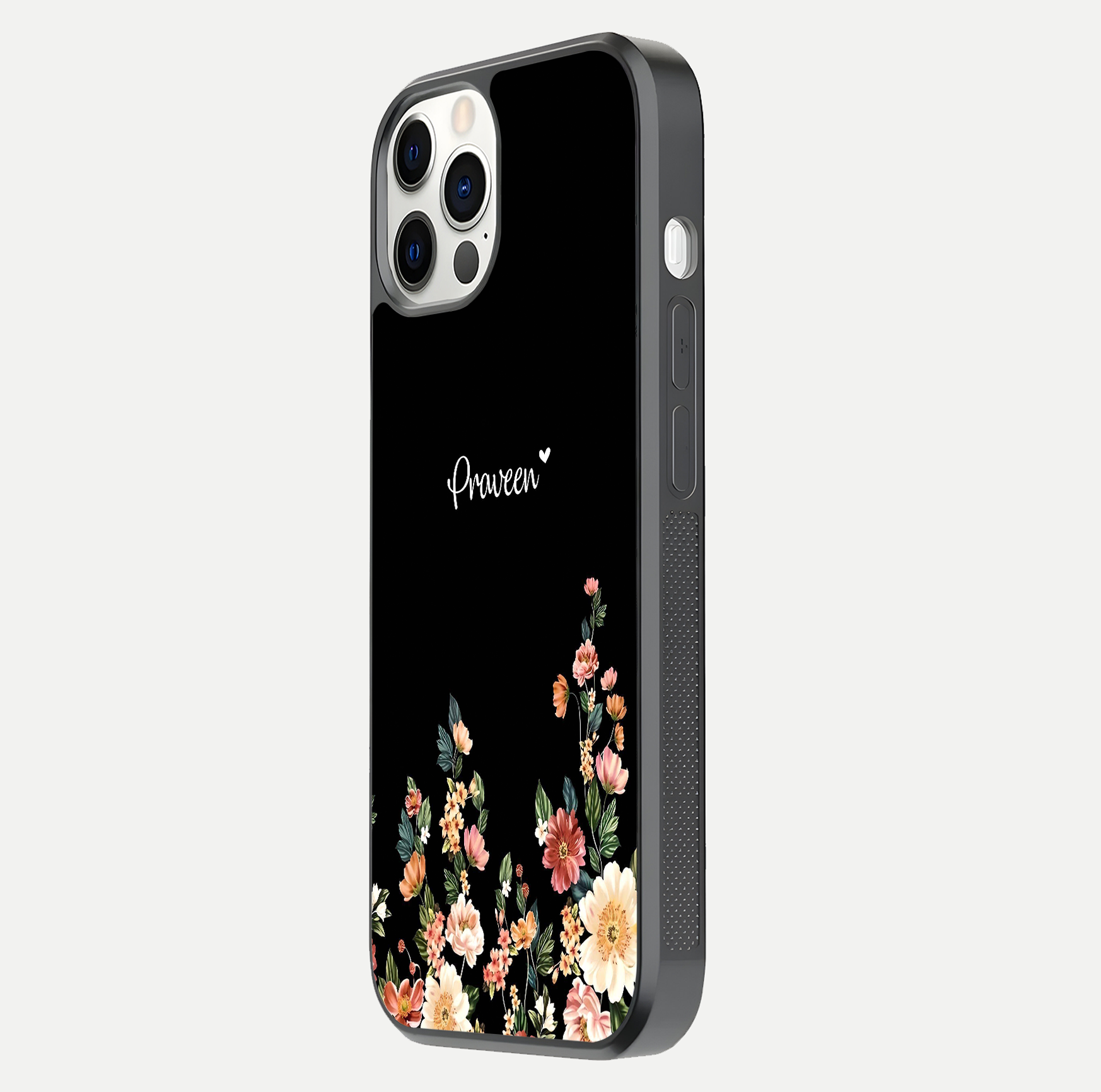 Floral Design Personalized Custom Name Glass Case for iPhone 12 Pro side-angle image showing name alignment and gloss shine