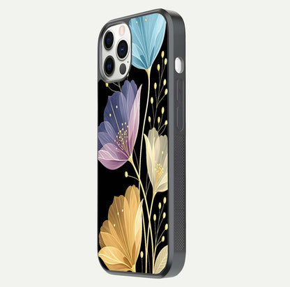 Flower Bloom Glow Glass Case for iPhone 12 Pro side-angle image capturing gloss reflection and flower glow