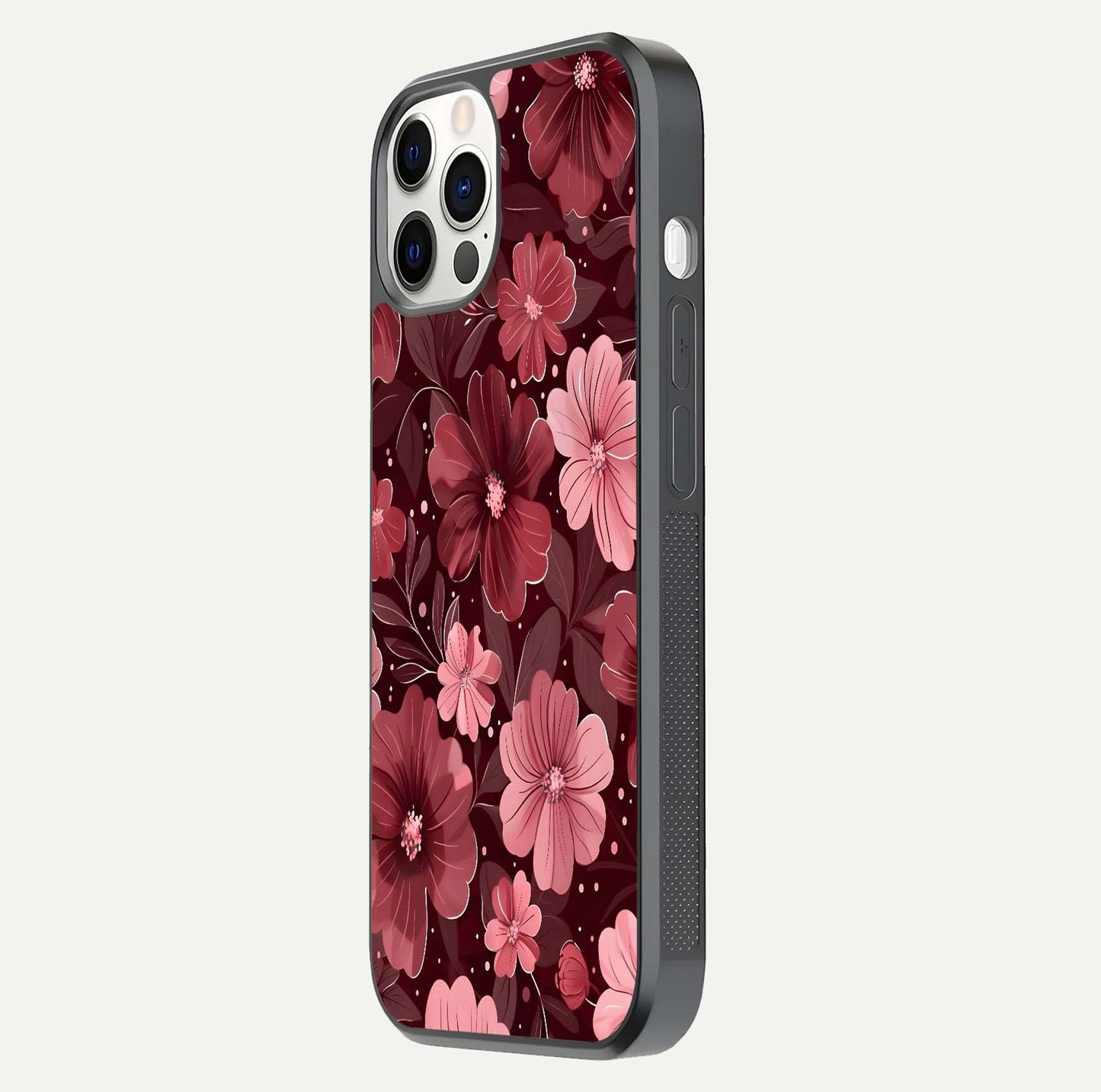 Flower Blush Bloom Glass Case for iPhone 12 Pro side-angle photo showing glass reflection and delicate hues
