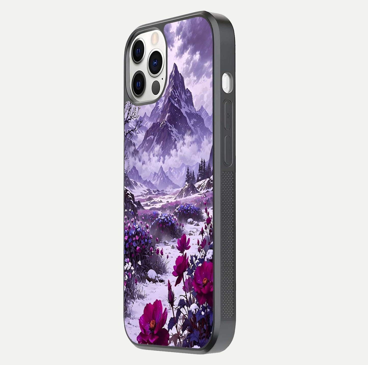 Flower Mountain View Glass Case for iPhone 12 Pro side-angle image showing gloss polish and smooth edge
