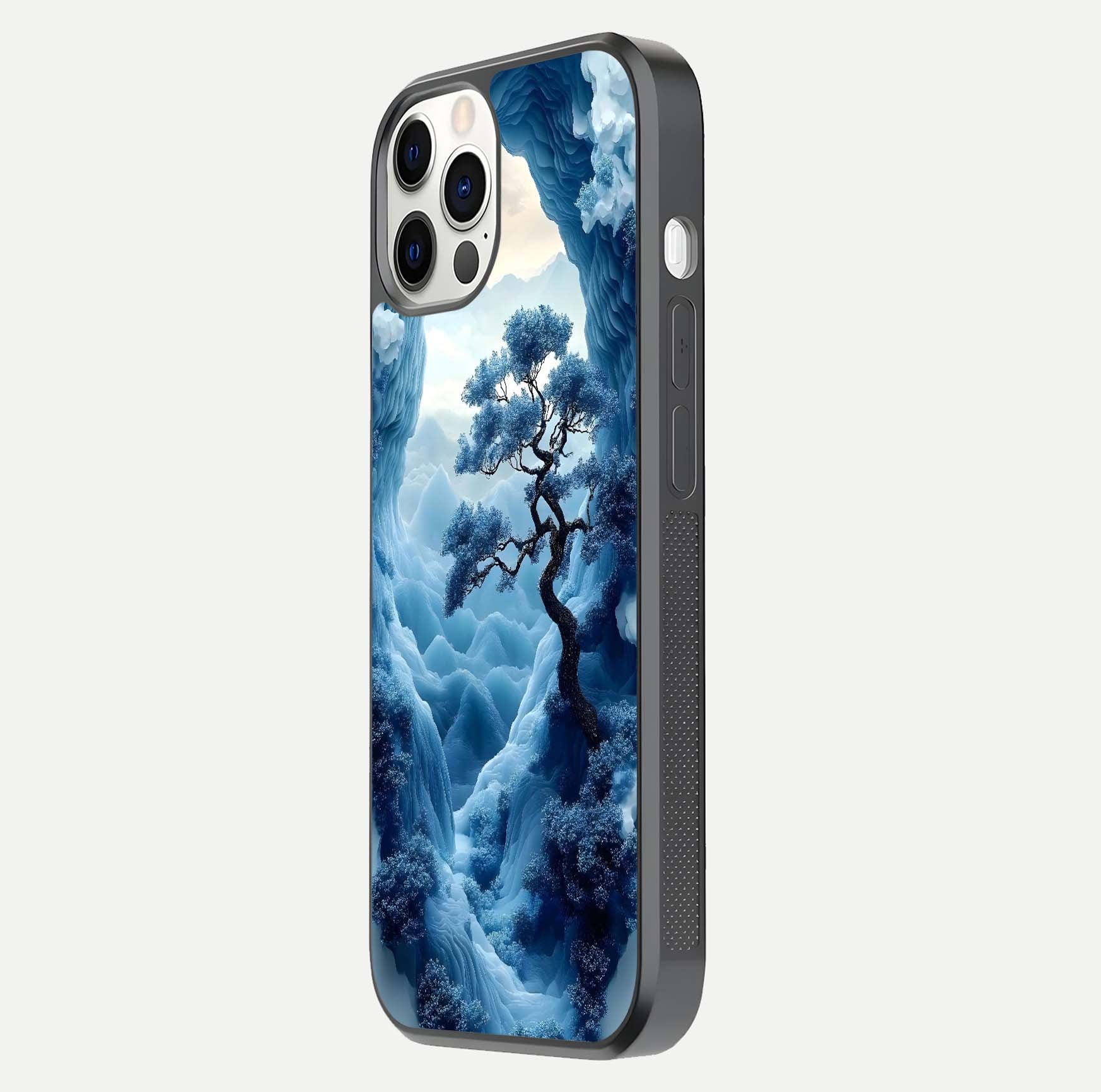 Frozen Serenity Gate Glass Case for iPhone 12 Pro side-angle photo showing reflective surface and cold tones
