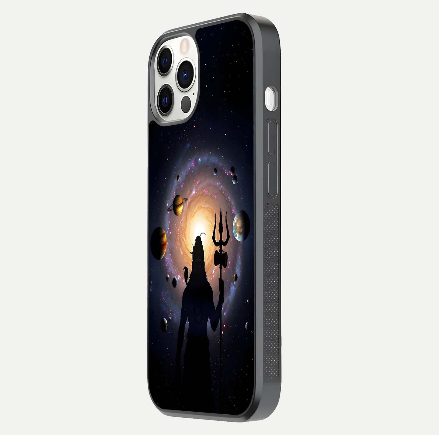 Galactic Shiva Vision Glass Case for iPhone 12 Pro side-angle image showing light reflection, glass edges, and spiritual cosmic theme