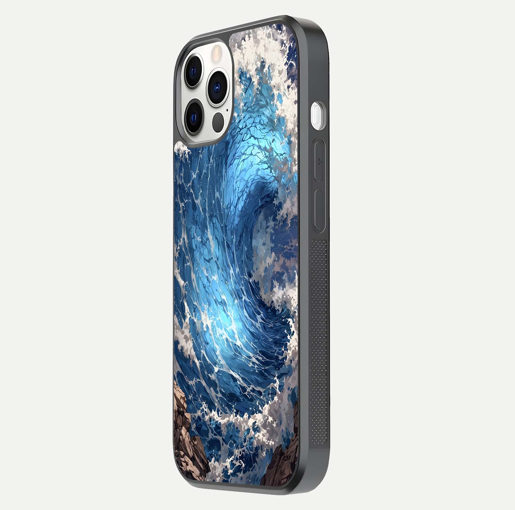 Giant Ocean Wave Glass Case for iPhone 12 Pro side-angle image showing light reflection and ocean detail