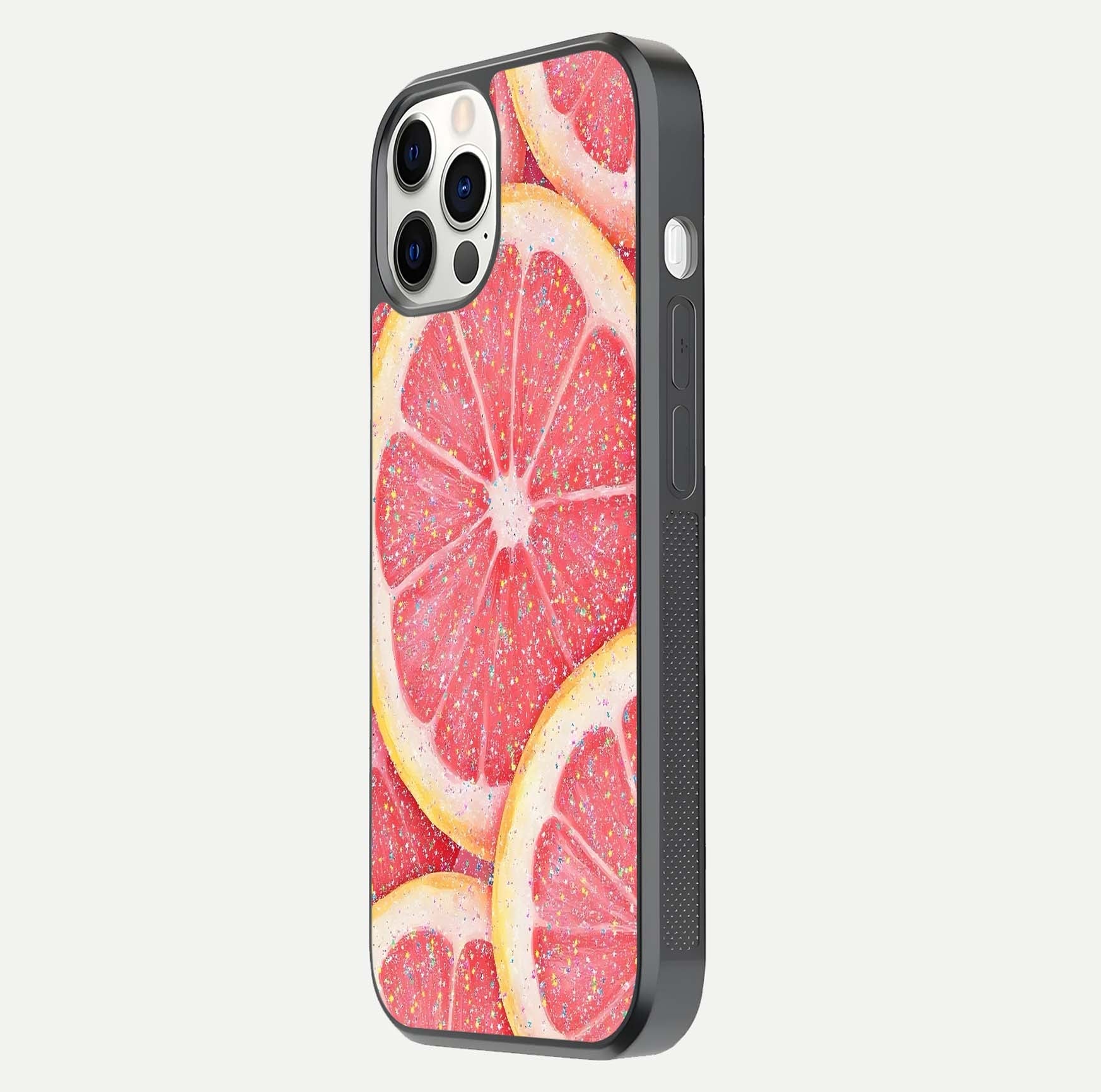 Glitter Grapefruit Glass Case for iPhone 12 Pro side-angle image showing reflection glow and polished edges