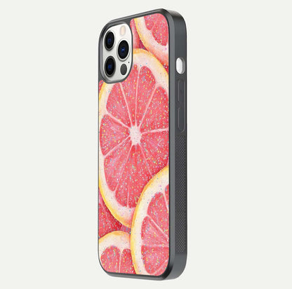 Glitter Grapefruit Glass Case for iPhone 12 Pro side-angle image showing reflection glow and polished edges
