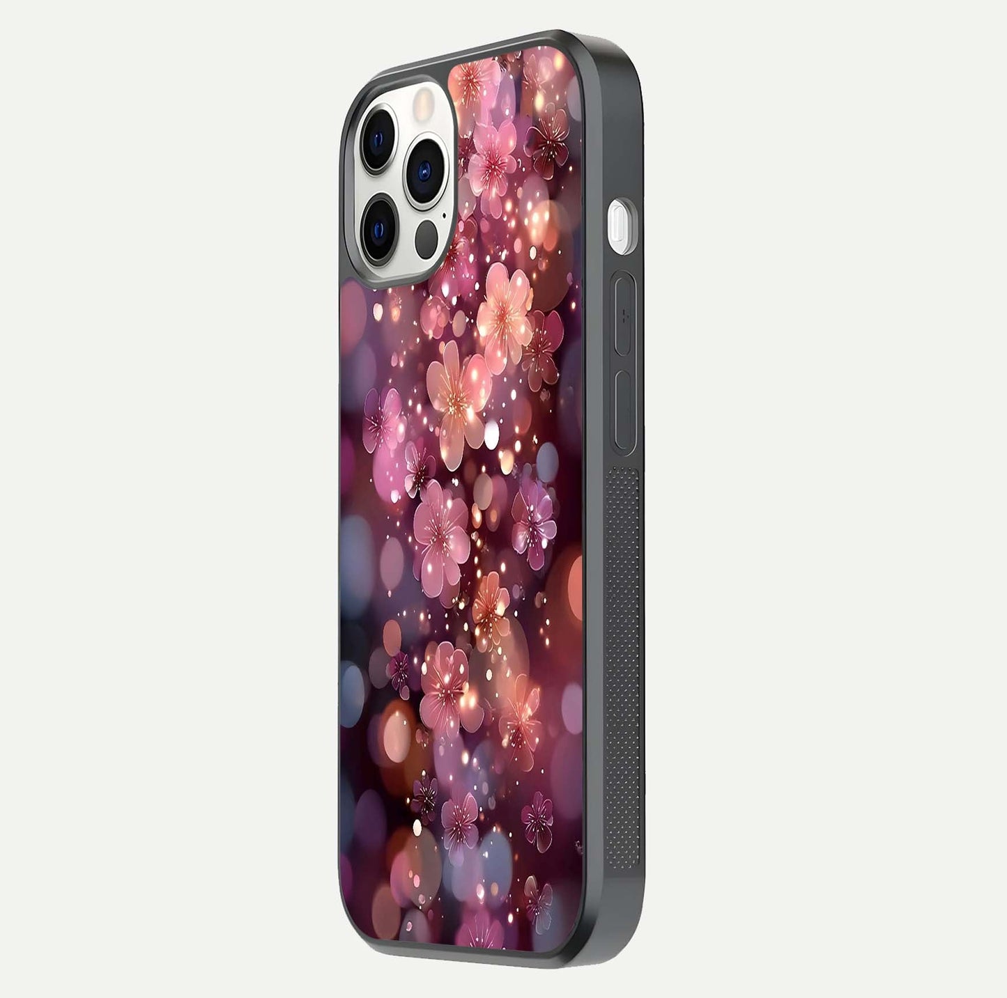 Glowing Petal Bliss Glass Case for iPhone 12 Pro side-angle image showing light reflection and soft floral texture
