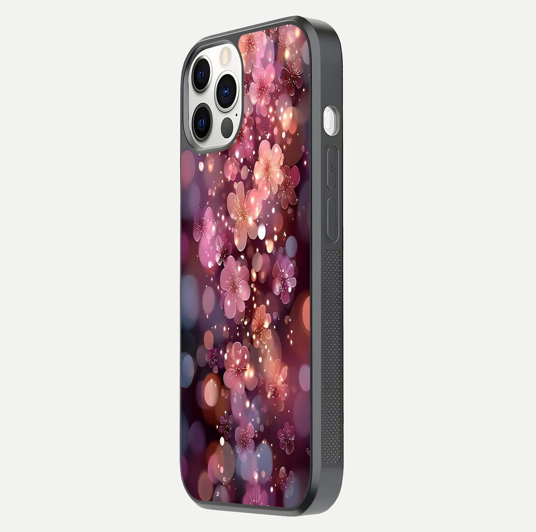 Glowing Petal Bliss Glass Case for iPhone 12 Pro side-angle image showing light reflection and soft floral texture