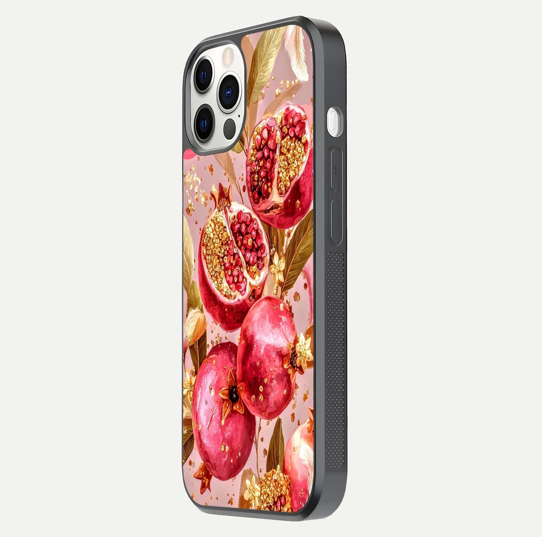 Golden Bloom Glow Glass Case for iPhone 12 Pro side-angle image showing light reflection, gloss texture, and rich tone