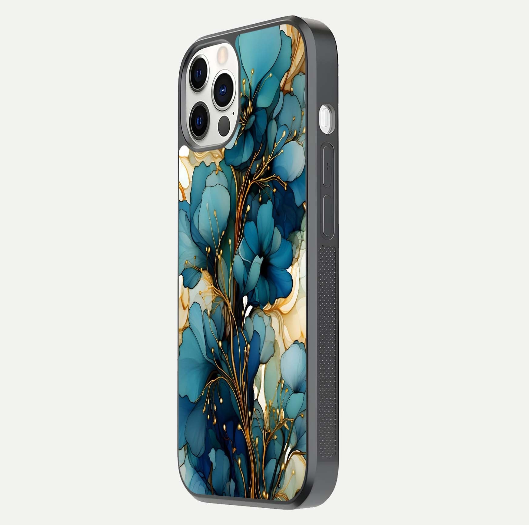 Golden Bloom Symphony Glass Case for iPhone 12 Pro side-angle image showing golden glow, light reflection, and premium surface