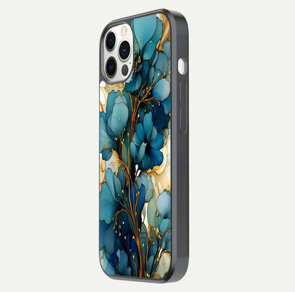 Golden Bloom Symphony Glass Case for iPhone 12 Pro side-angle image showing golden glow, light reflection, and premium surface