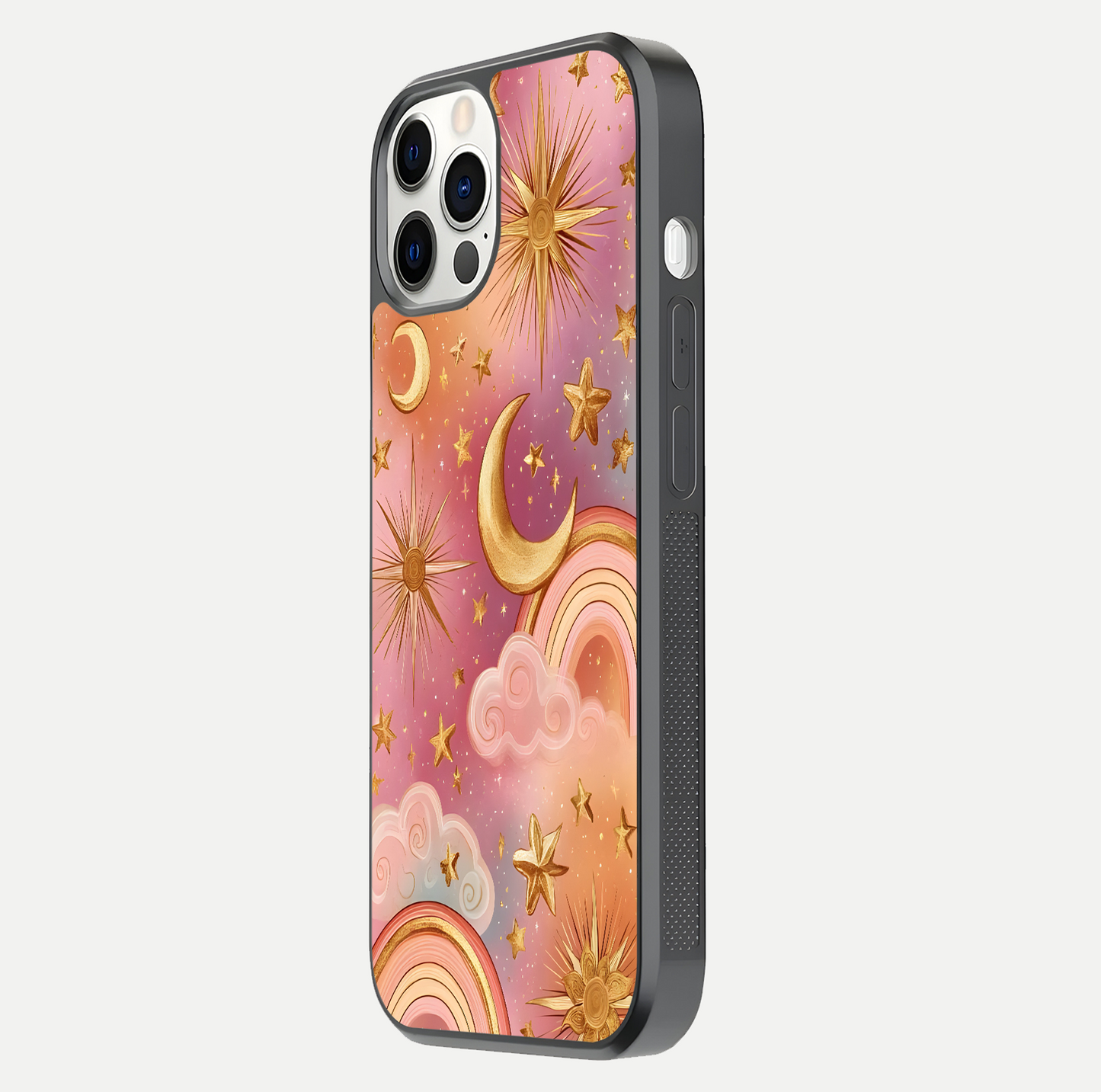 Golden Celestial Dreams Glass Case for iPhone 12 Pro side-angle image capturing reflection brightness and starry detail