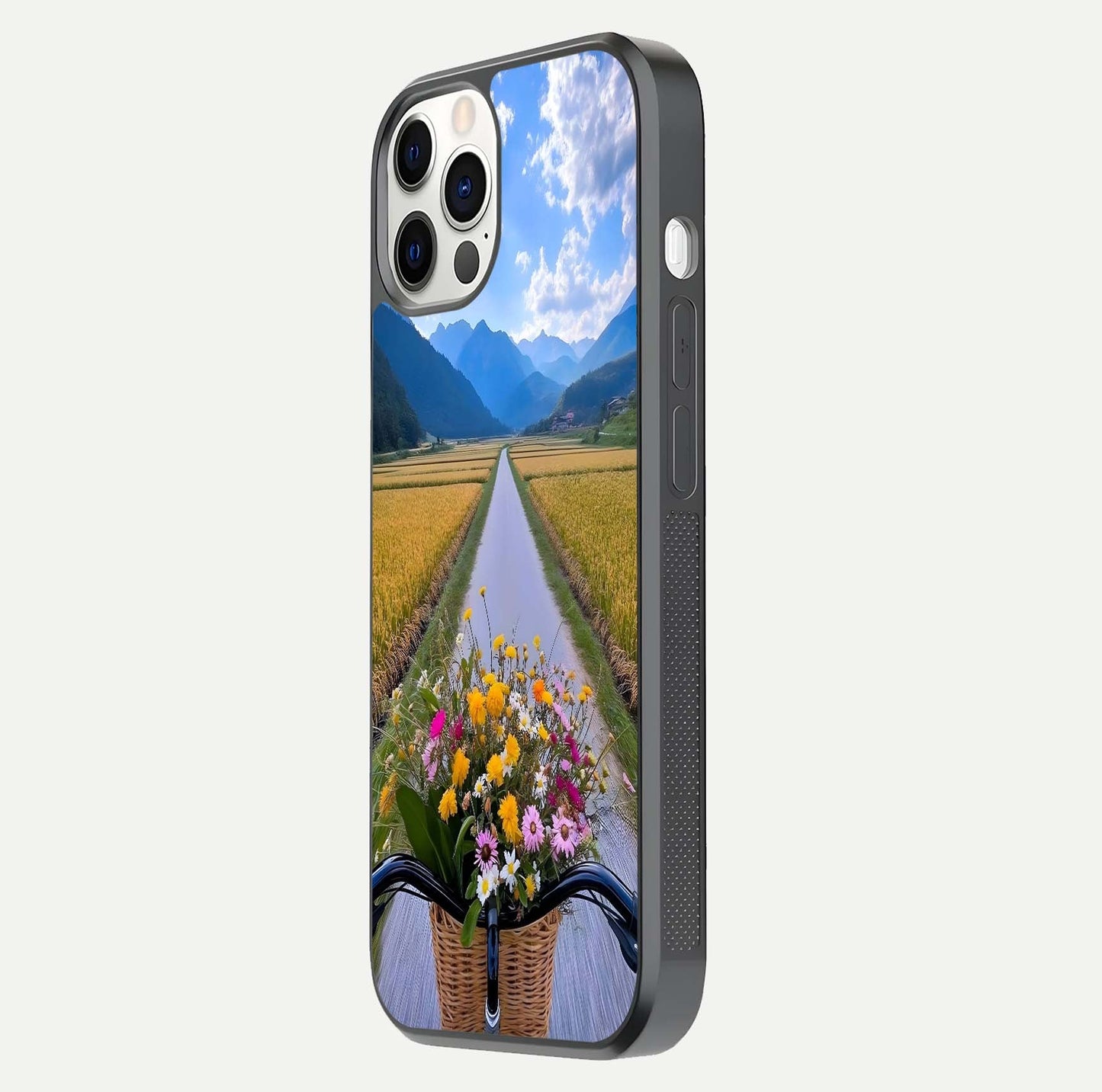 Golden Field Journey Glass Case for iPhone 12 Pro side-angle image showing golden glow, reflection shine, and curved edge