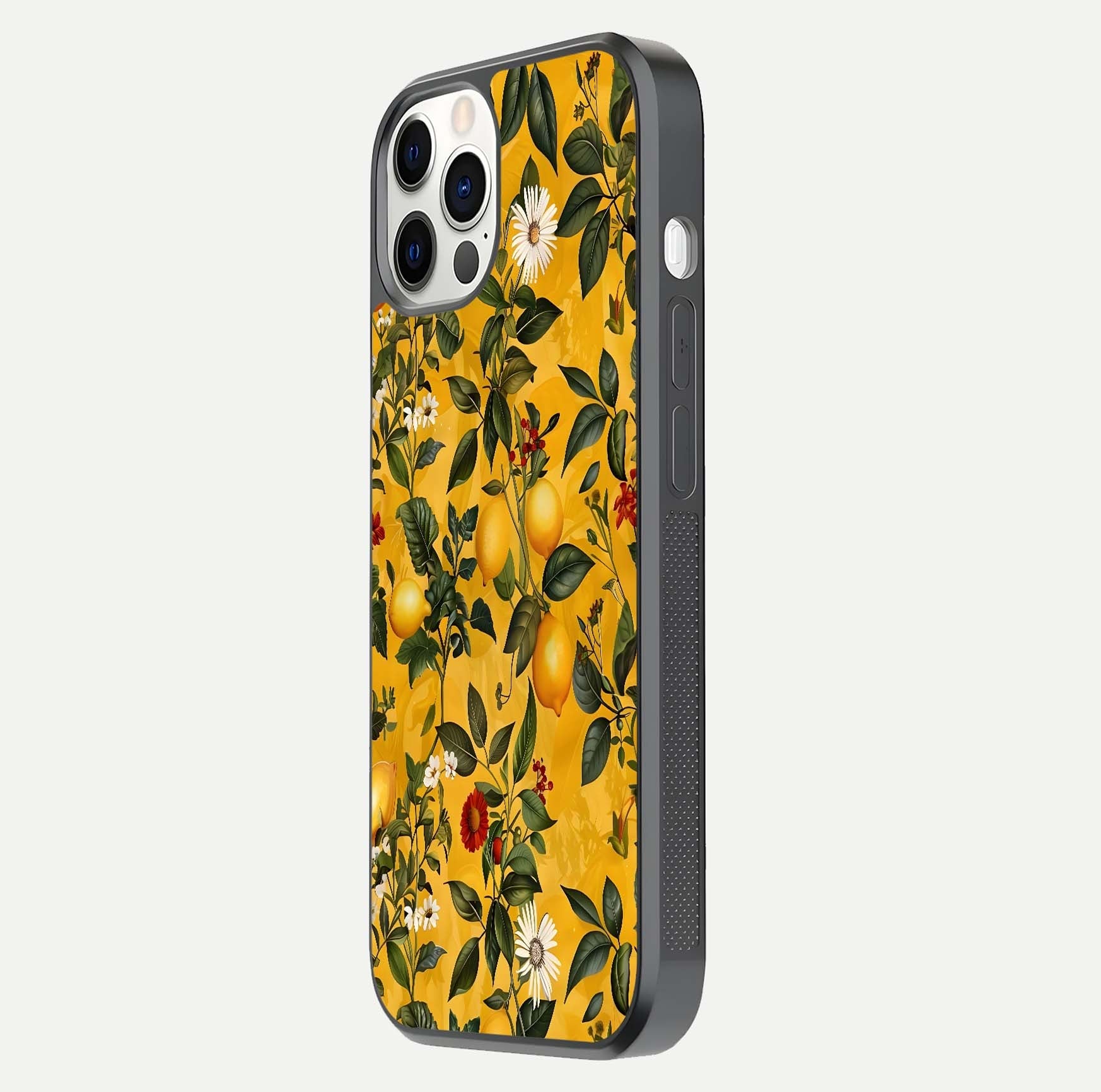 Golden Lemon Field Glass Case for iPhone 12 Pro side-angle image showing reflection clarity and juicy color tone