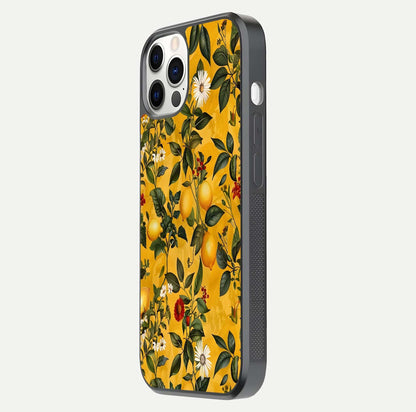 Golden Lemon Field Glass Case for iPhone 12 Pro side-angle image showing reflection clarity and juicy color tone