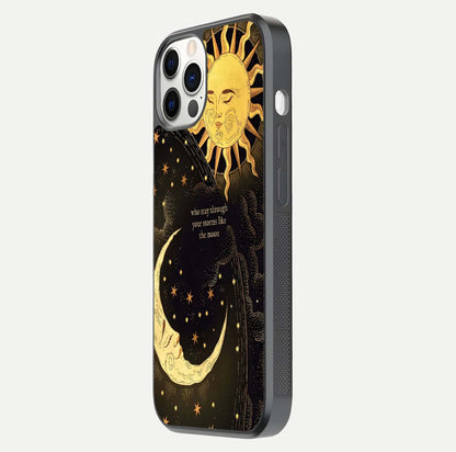 Golden Lunar Love Glass Case for iPhone 12 Pro side-angle image showing reflection brilliance and smooth golden tone