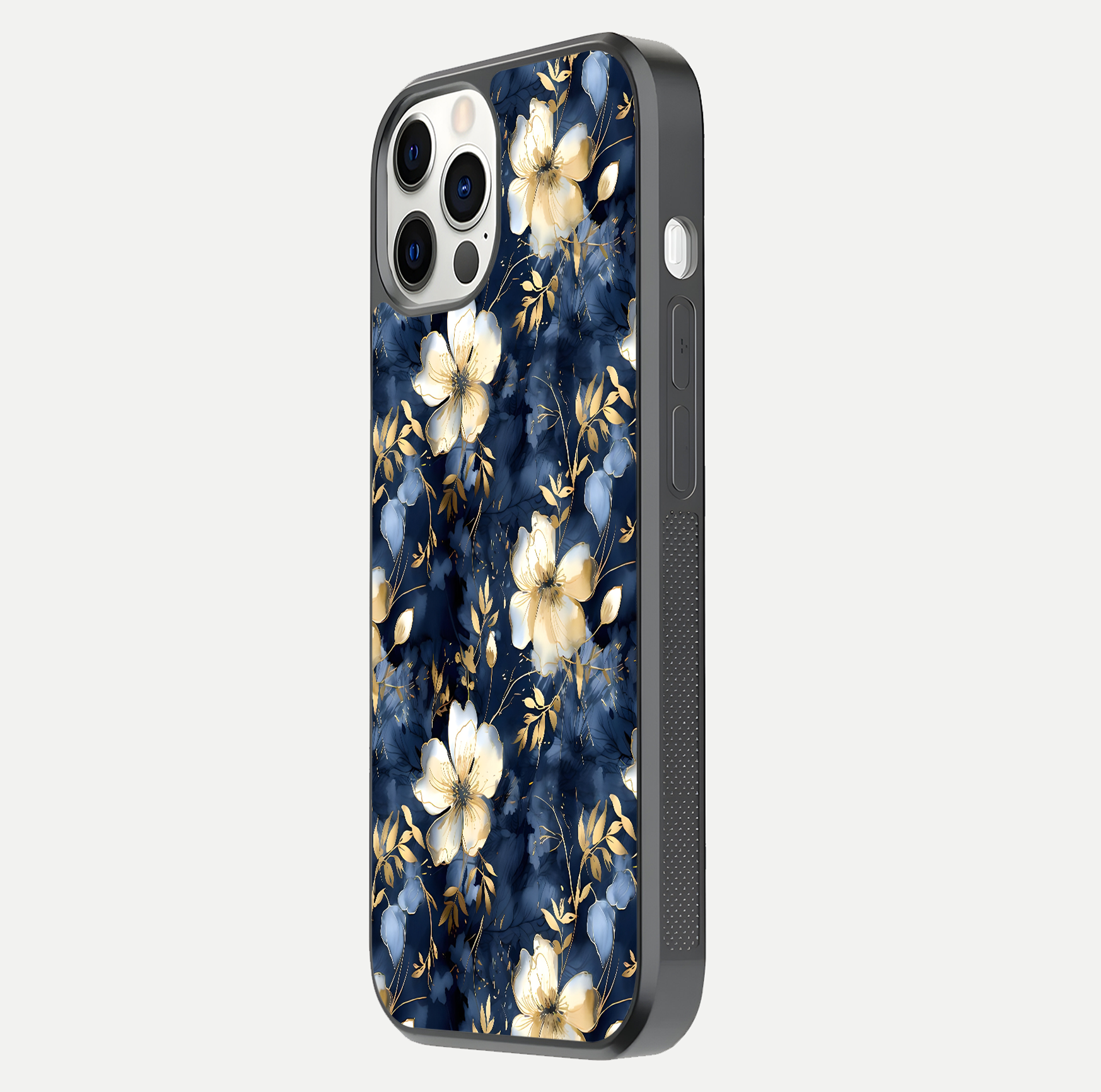 Golden Midnight Bloom Glass Case for iPhone 12 Pro side-angle image showing shine depth and elegant edge design