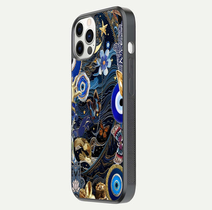 Golden Moon Magic Glass Case for iPhone 12 Pro side-angle image showing reflection glow, curved polish, and moon detail