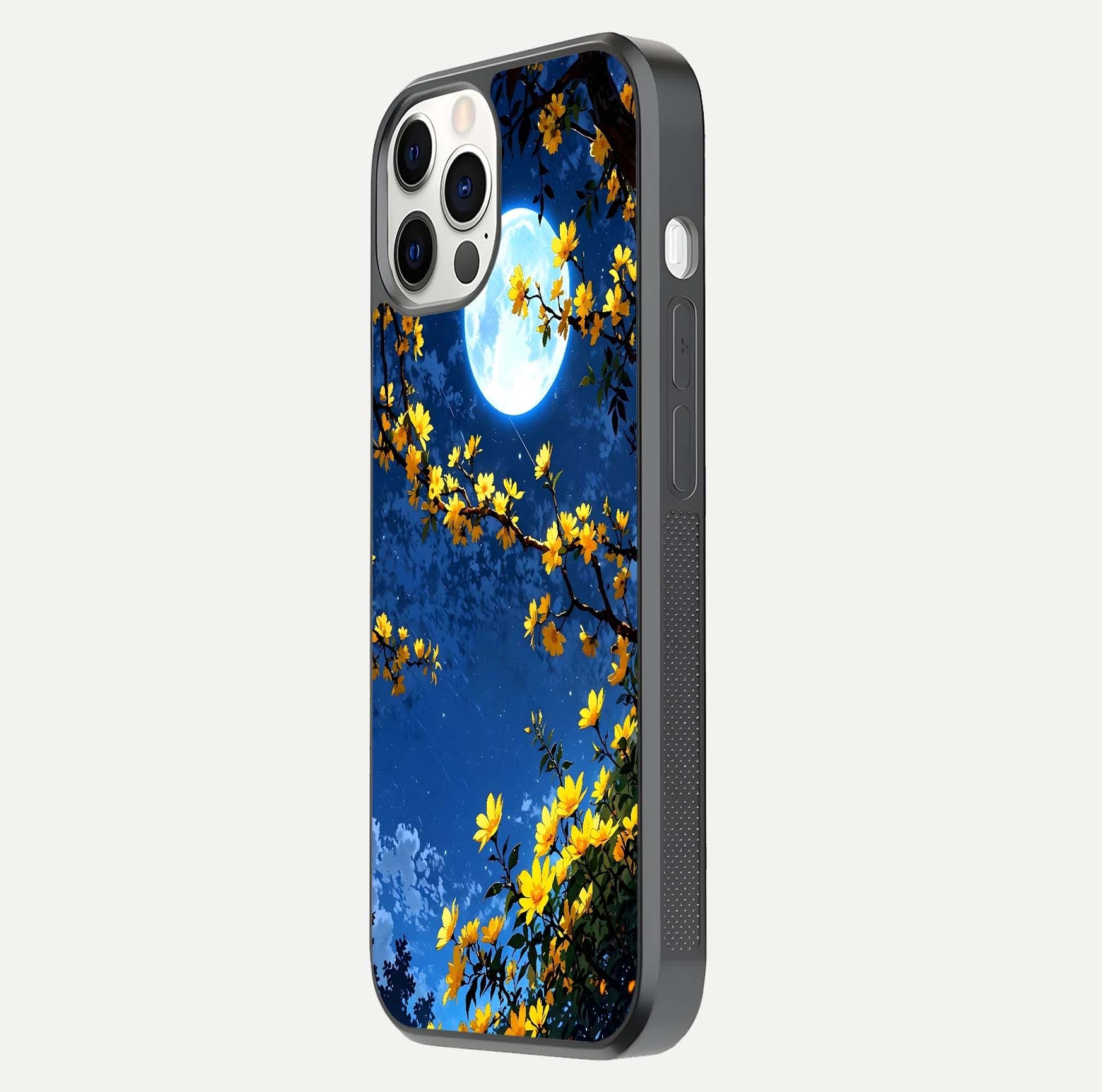 Golden Night Glow Glass Case for iPhone 12 Pro side-angle image showing reflection clarity and elegant golden tone