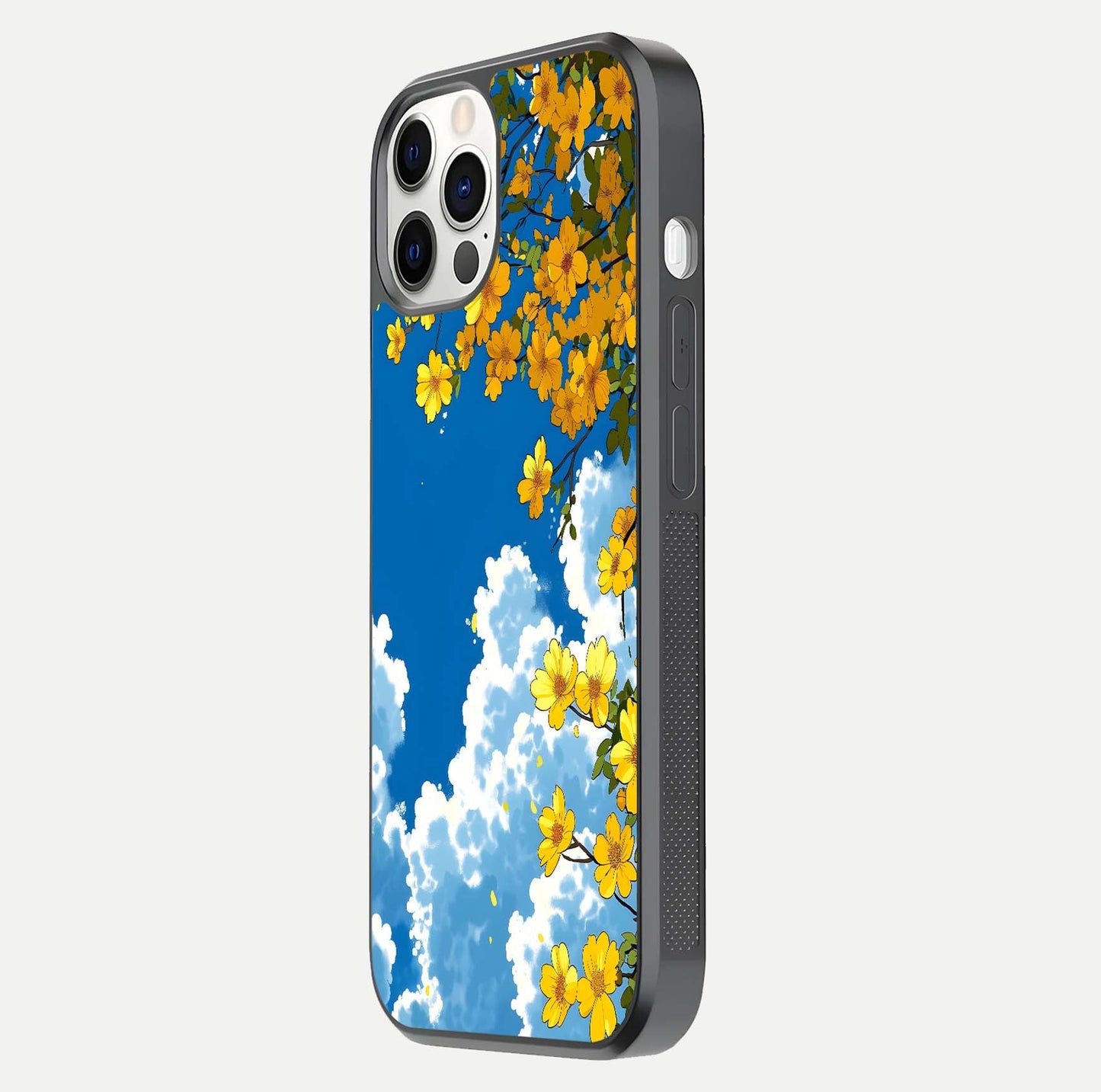 Golden Petal Sky Glass Case for iPhone 12 Pro side-angle image showing reflection depth and metallic floral tones