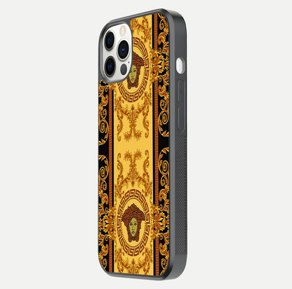 Golden Royal Heritage Glass Case for iPhone 12 Pro side-angle image showing reflection glow and luxury detailing