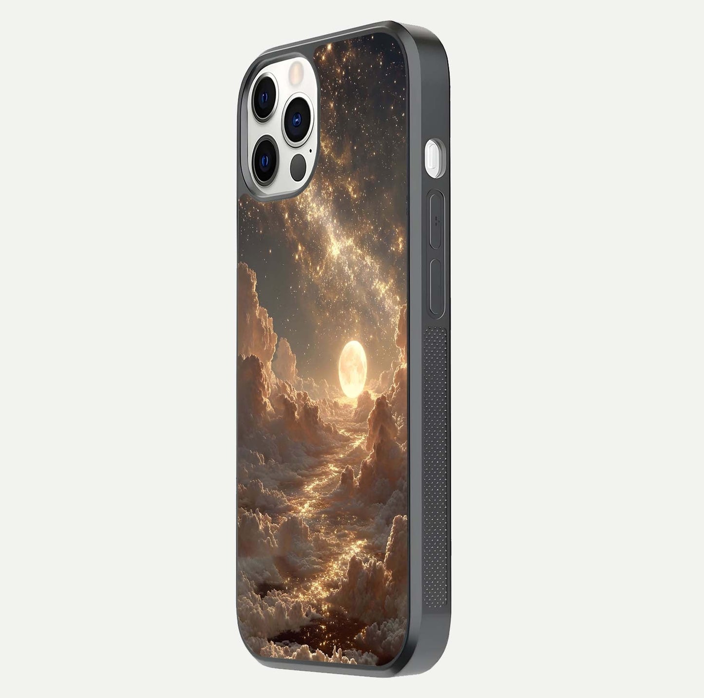 Golden Sky Dream Glass Case for iPhone 12 Pro side-angle image showing reflection shine and smooth surface