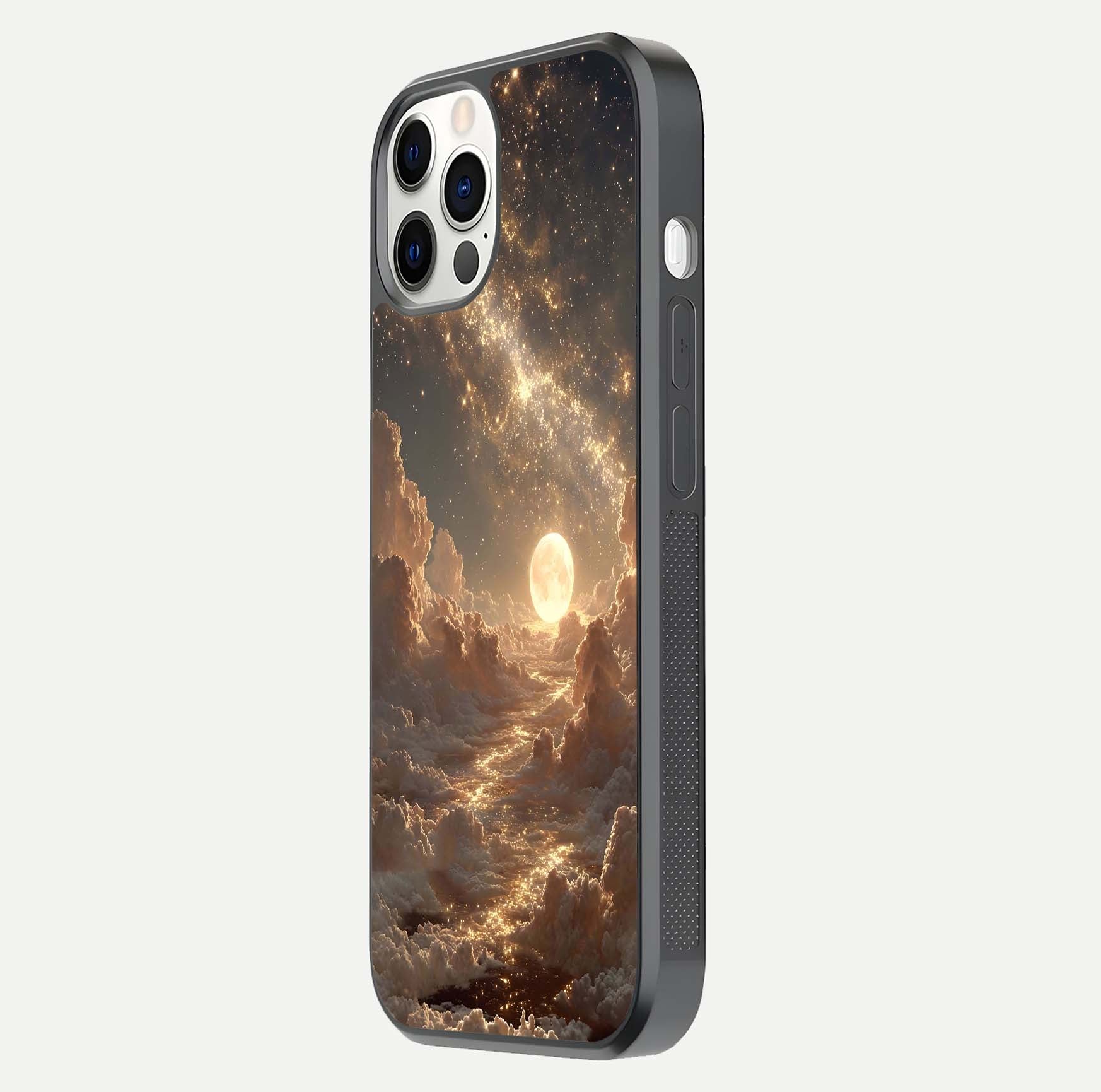 Golden Sky Dream Glass Case for iPhone 12 Pro side-angle image showing reflection shine and smooth surface