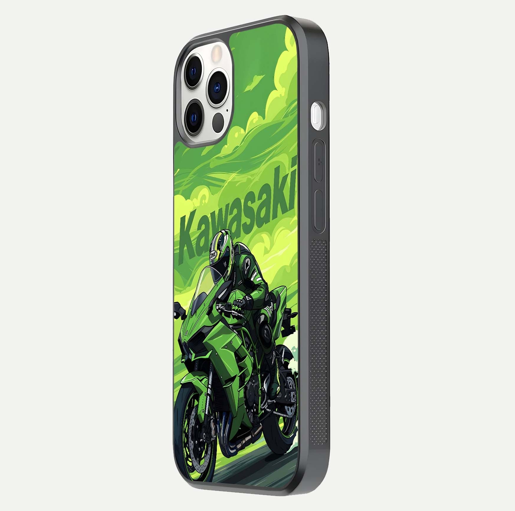 Green Kawasaki Glass Case for iPhone 12 Pro side-angle image showing reflection depth and metallic green accent