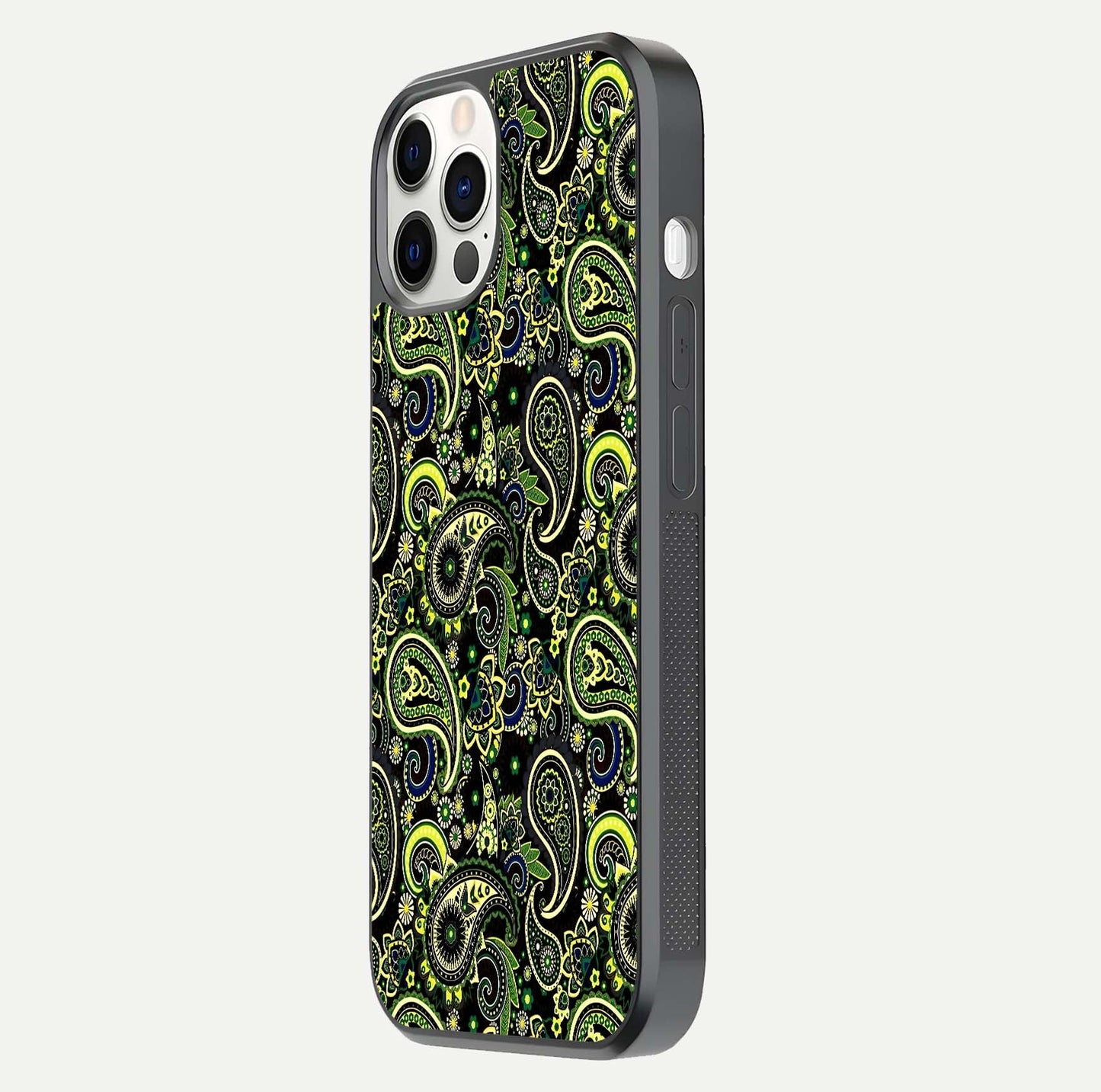 Green Mandala Pattern Glass Case for iPhone 12 Pro side-angle image showing reflection clarity and detailed pattern lines