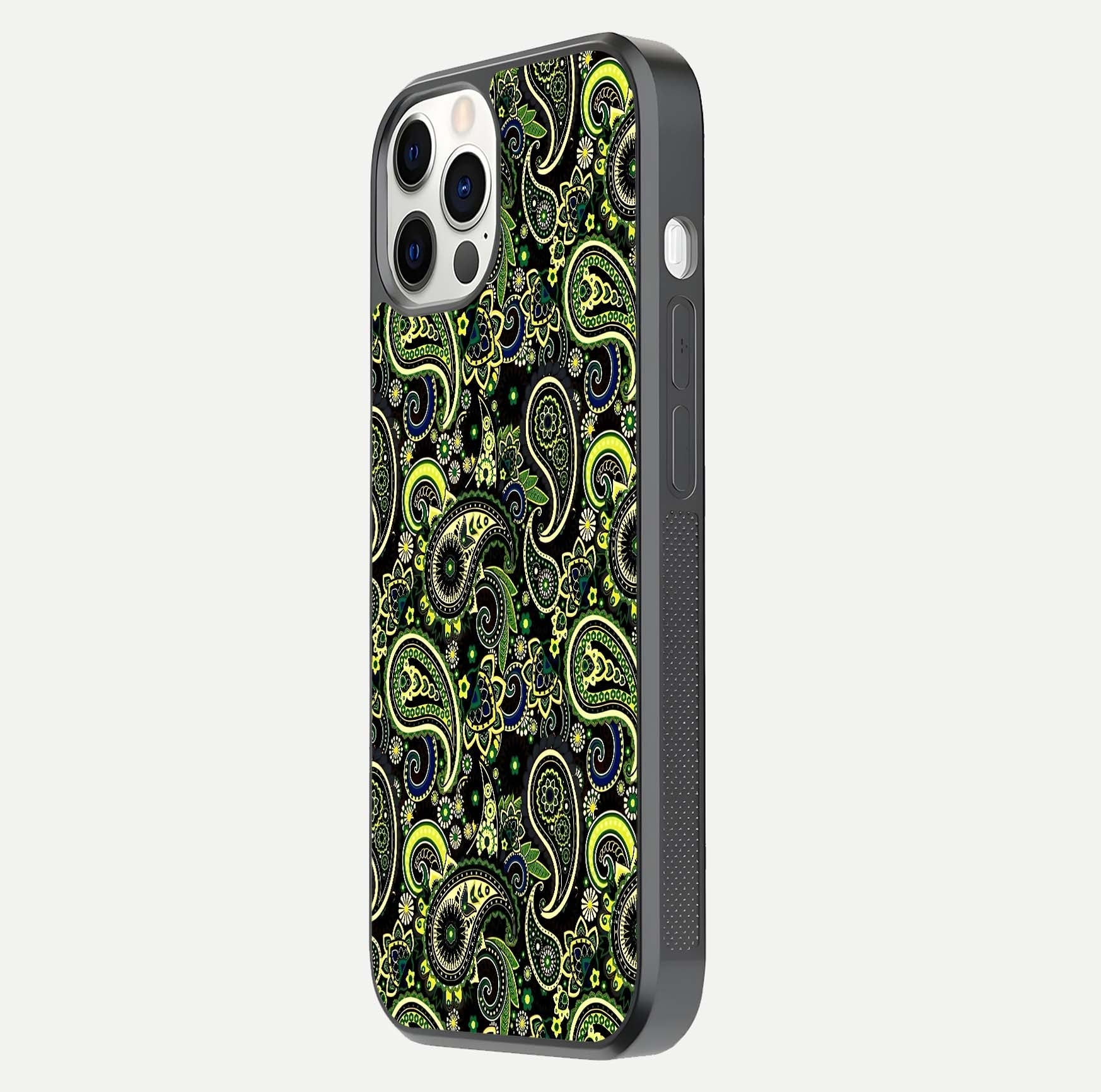 Green Mandala Pattern Glass Case for iPhone 12 Pro side-angle image showing reflection clarity and detailed pattern lines
