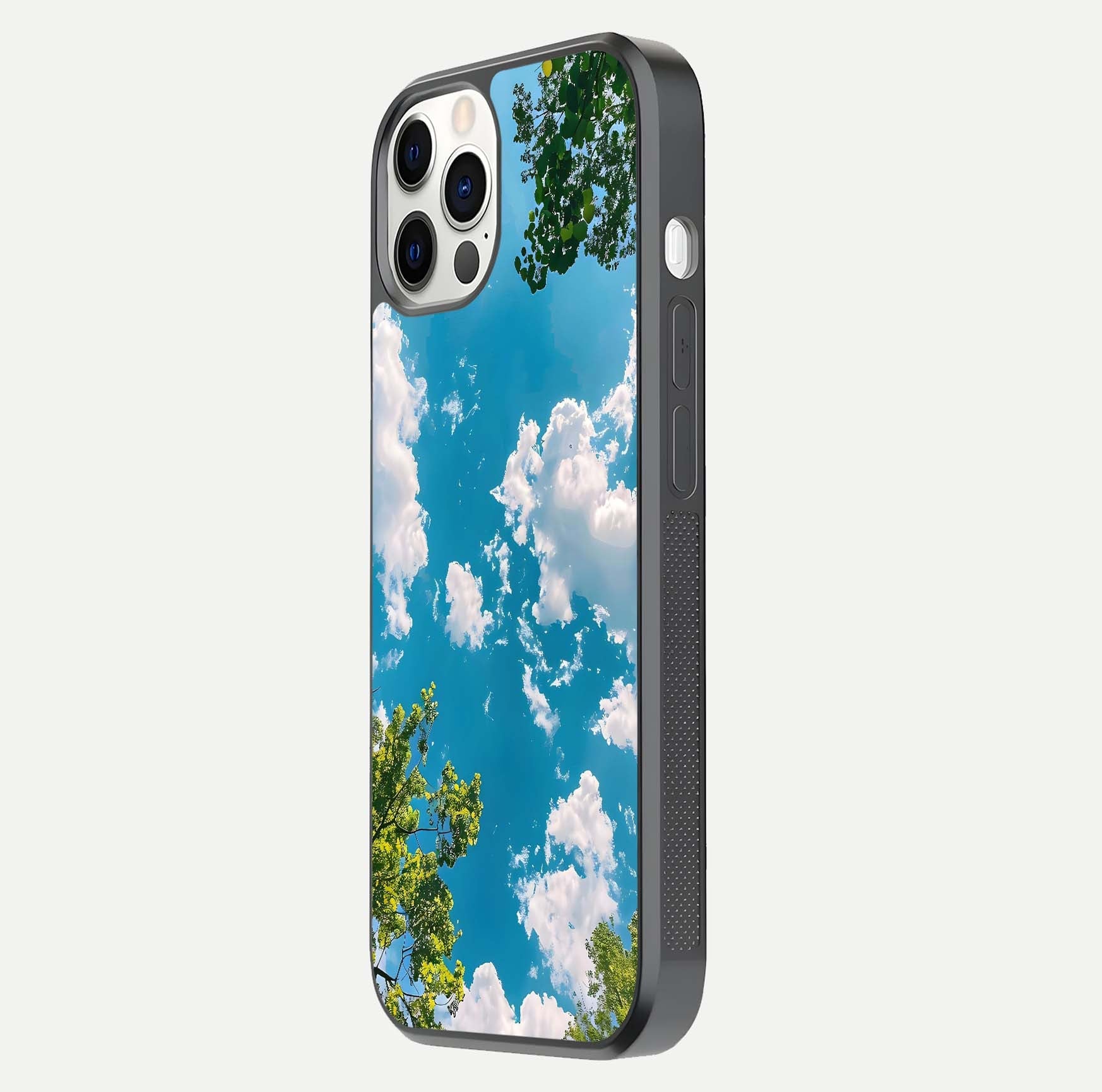 Greenery Sky Glass Case for iPhone 12 Pro side-angle image showing reflection glow and nature-themed pattern